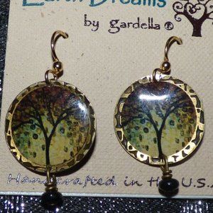 TREE OF LIFE CZECH GLASS GOLD PLATED DANGE DROP EARRINGS WITH SHEPHARD HOOKS